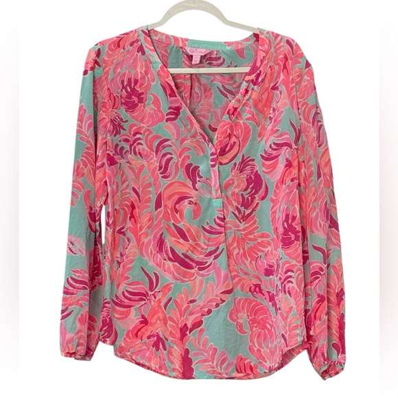 Lilly Pulitzer Stacey Blouse. Pink and teal. 100% Silk. Size Large - Picture 2 of 5